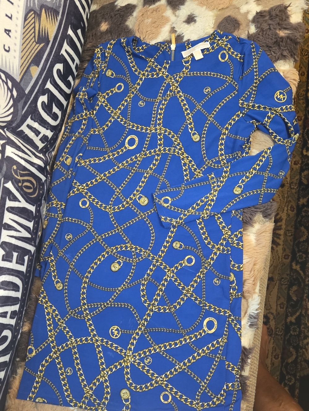 Michael Kors Royal Blue Chain-Print Long Sleeve Dress